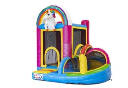 Compre um pequeno castelo insuflável multijogador interno no tema unicórnio com escorregador para crianças. Encomende castelos insufláveis online na JB Insufláveis Portugal