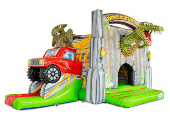 Stoer dinosaurus springkussen met een kleurrijke rode jeep.