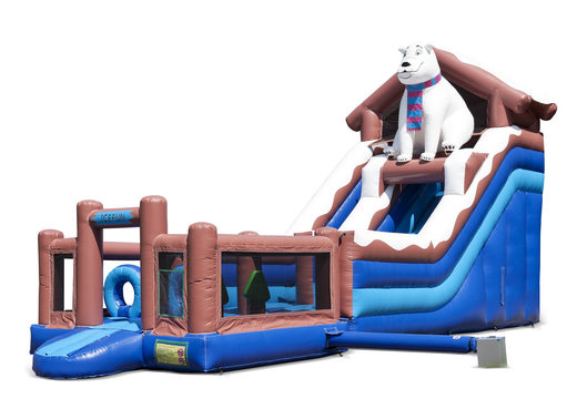 Ordene um escorregador multifuncional inflável com tema de urso polar com piscina, objeto 3D impressionante, cores frescas e obstáculos 3D para crianças. Compre escorregadores infláveis ​​agora online na JB Insuflaveis Portugal