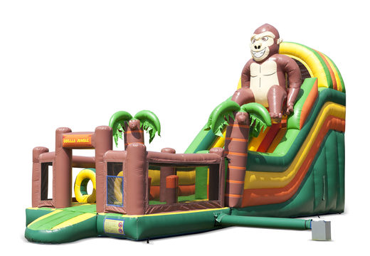 Escorrega inflável com tema de gorila exclusivo, piscina, objeto 3D impressionante, cores frescas e obstáculos 3D para crianças. Ordene escorregadores infláveis ​​agora online em JB Insuflaveis Portugal