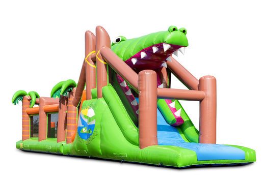 Pista de obstáculo inflável com tema de crocodilo exclusivo com 7 elementos de jogo e objetos coloridos para comprar para crianças. Ordene pistas de obstáculos infláveis ​​agora online em JB Insuflaveis Portugal