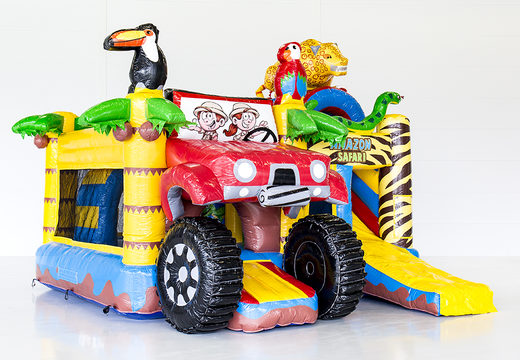 Castelo insuflável do safari amazon multiplay com um slide, objetos divertidos na superfície de salto e objetos 3D atraentes para crianças. Encomende castelos insufláveis ​​online na JB Insufláveis ​​Portugal