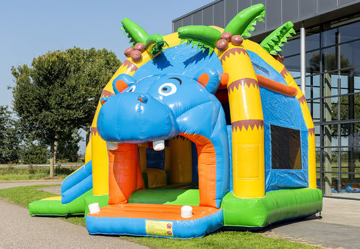 Encomende um castelo insuflável super hipopótamo multifunções com escorregador para crianças. Compre castelos insufláveis ​​online na JB Insufláveis Portugal