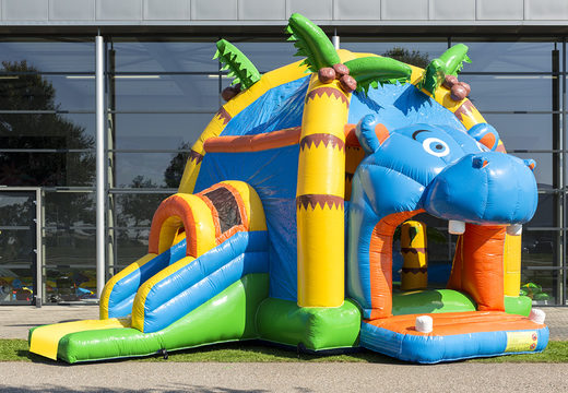 Compre um coberto super castelo insuflável com escorregador em um hipopótamo temático para crianças. Encomende castelos insufláveis ​​online na JB Insufláveis Portugal