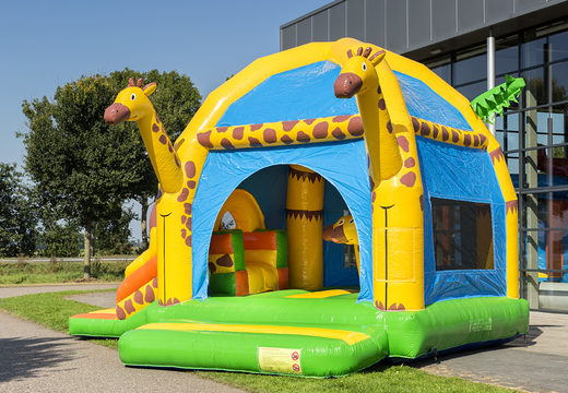 Complete um castelo insuflável multifuncional super interno com tema de girafa para crianças. Compre castelos insufláveis  ​​online na JB Insufláveis Portugal