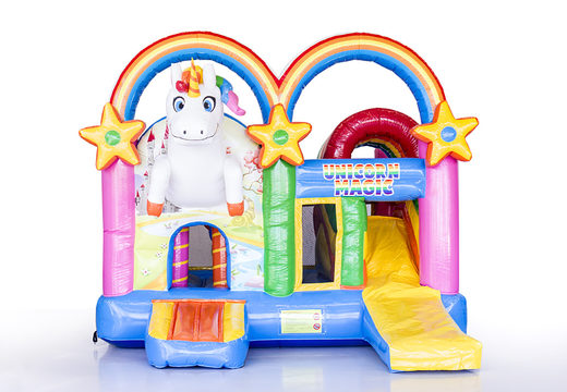 Multiplay Unicorn insuflável  com um slide, objetos divertidos na superfície de salto e atraentes objetos 3D para comprar para crianças. Encomende castelos insufláveis ​​online na JB Insufláveis ​​Portugal