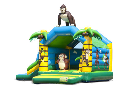 Compre um castelo insuflável multiuso interno com um slide em um tema de selva com um objeto gorila 3D para crianças. Encomende castelos insufláveis  ​​online na JB Insufláveis Portugal