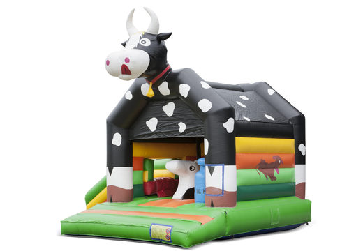 Compre um castelo insuflável multijogador interno com tema de vaca e escorregador para crianças. Encomende castelos insufláveis  online na JB Insufláveis Portugal
