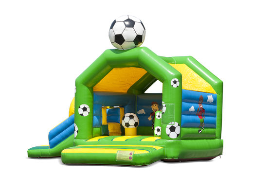 Compre castelo insuflável multijogador interno com slide no tema futebol para crianças. Encomende castelos insufláveis ​​online na JB Insufláveis Portugal
