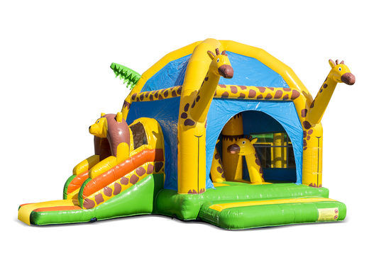 Compre um castelo insuflável super multifunções coberto com slide em tema girafa para crianças. Encomende castelos insufláveis ​​online na JB Insufláveis Portugal