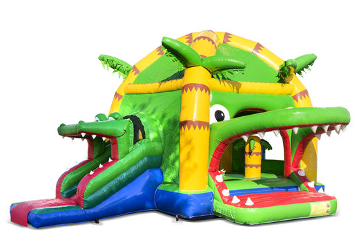 Compre um castelo insuflável super multiuso interno em um tema de crocodilo com escorregador para crianças. Encomende castelos insufláveis ​​online na JB Insufláveis Portugal