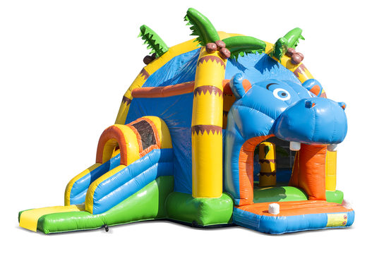 Compre um castelo insuflável super multiuso interno com escorregador em rinoceronte com tema para crianças. Encomende castelos insufláveis ​​online na JB Insufláveis Portugal