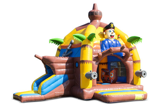Compre castelo insuflável super multifunções interno com slide no tema pirata para crianças. Encomende castelos insufláveis ​​online na JB Insufláveis Portugal