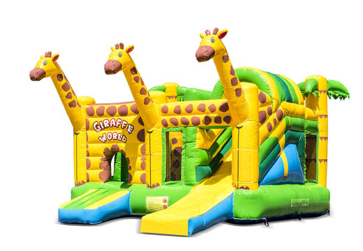 Compre um castelo insuflável multijogador aberto com tema girafa e escorregador para crianças. Encomende castelos insufláveis ​​online na JB Insufláveis ​​Portugal