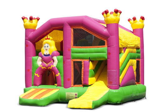 Compre castelo insuflável multijogador aberto com slide em princesa tema para crianças. Encomende castelos insufláveis ​​online na JB Insufláveis ​​Portugal