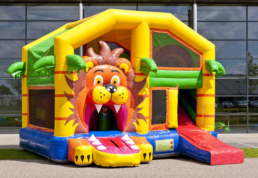 Castelo insuflável multijogador médio com tema de leão para crianças. Encomende castelos insufláveis ​​online na JB Insufláveis ​​Portugal