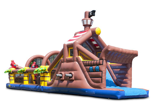 Compre uma pista de obstáculo com tema de pirata de 17 metros de largura, 7 elementos de jogo e objetos coloridos para crianças. Ordene pistas de obstáculos infláveis ​​agora online em JB Insuflaveis Portugal