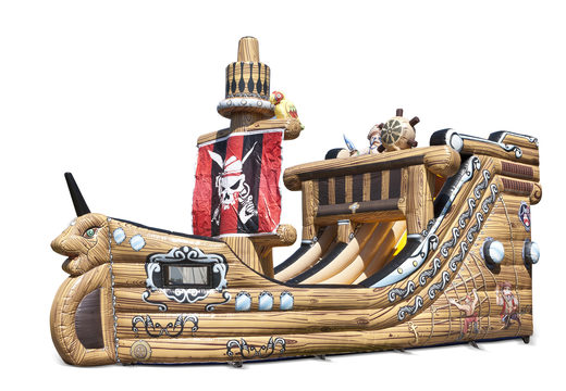 Escorrega inflável de navio pirata em uma forma impressionante com objetos 3D interessantes e estampas coloridas para seus filhos. Ordene escorregadores infláveis ​​agora online em JB Insuflaveis Portugal