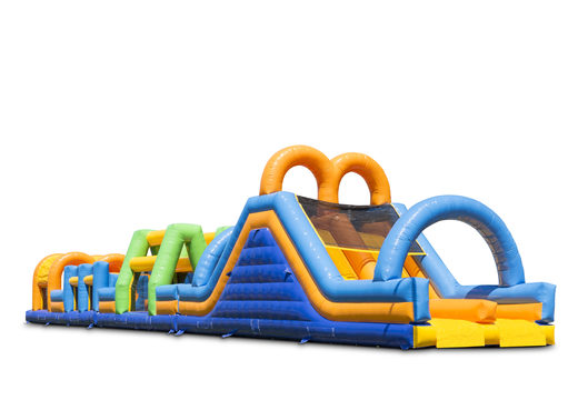 Compre uma pista de obstáculo dupla inflável de 27 metros de cores alegres para as crianças. Ordene pistas de obstáculos infláveis ​​agora online em JB Insuflaveis Portugal