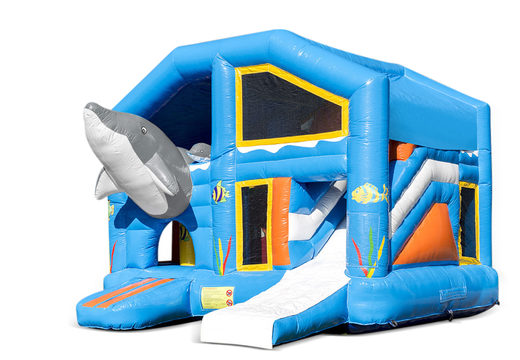 Compre um castelo insuflável multijogador interno com escorregador com o tema golfinho para crianças. Encomende castelos insufláveis ​​online na JB Insufláveis ​​Portugal