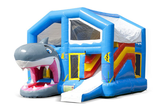 Compre um castelo insuflável multijogador interno com escorregador no tema tubarão para crianças. Encomende castelos insufláveis ​​online na JB Insufláveis ​​Portugal