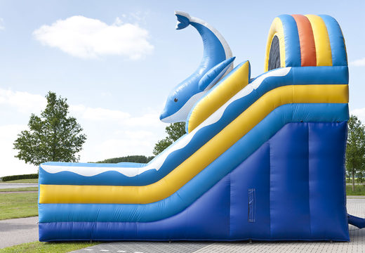 Slide inflável multifuncional com tema Golfinho com piscina, objeto 3D impressionante, cores frescas e obstáculos 3D para crianças. Compre escorregadores infláveis ​​agora online na JB Insuflaveis Portugal