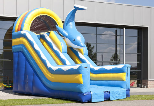 Slide inflável multifuncional no tema golfinho com piscina, objeto 3D impressionante, cores frescas e obstáculos 3D para crianças. Ordene escorregadores infláveis ​​agora online em JB Insuflaveis Portugal