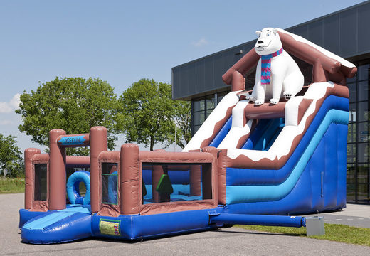 Escorrega inflável multifuncional com tema de urso polar com piscina, objeto 3D impressionante, cores frescas e obstáculos 3D para crianças. Compre escorregadores infláveis ​​agora online na JB Insuflaveis Portugal