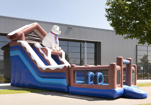 Slide inflável exclusivo com tema de urso polar com piscina, objeto 3D impressionante, cores frescas e obstáculos 3D para crianças. Ordene escorregadores infláveis ​​agora online em JB Insuflaveis Portugal