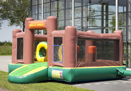 Slide multifuncional inflável no tema gorila com piscina, objeto 3D impressionante, cores frescas e obstáculos 3D para crianças. Compre escorregadores infláveis ​​agora online na JB Insuflaveis Portugal