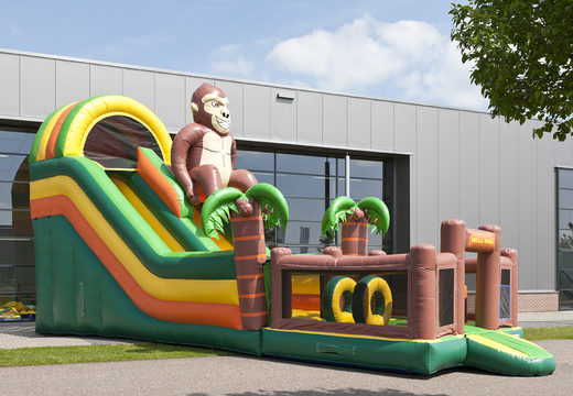 Escorrega inflável multifuncional com tema de gorila, piscina, objeto 3D impressionante, cores frescas e obstáculos 3D para crianças. Ordene escorregadores infláveis ​​agora online em JB Insuflaveis Portugal