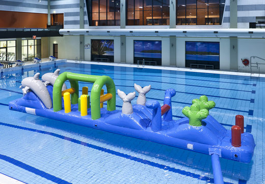 Compre uma piscina hermética com tema de golfinho com objetos desafiadores para crianças. Encomende cursos de obstáculos infláveis ​​online agora na JB Insuflaveis Portugal
