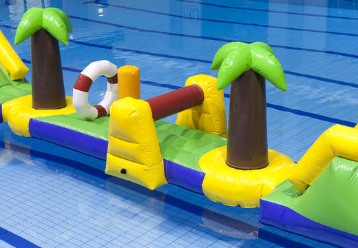 Espetacular piscina insuflável Hawaii run verde/azul de 12 m com 2 escorregas para jovens e idosos. Compre atrações aquáticas infláveis ​​online agora na JB Insuflaveis Portugal