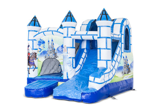 Encomende um pequeno castelo insuflável multijogador interno em castelo temático em azul e branco com escorregador para crianças. Compre castelos ​​insufláveis ​​online na JB Insufláveis ​​Portugal
