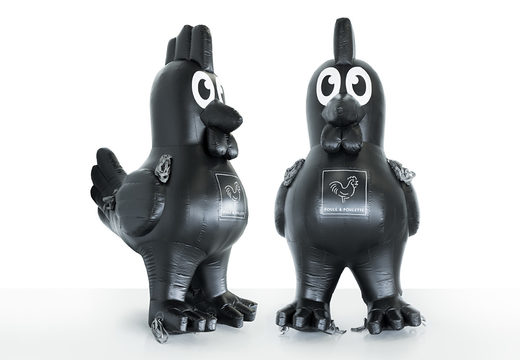 Compre Poule en Poulette mascote inflável de frango preto. Encomende agora online as promoções ampliadas na JB Insuflaveis Portugal