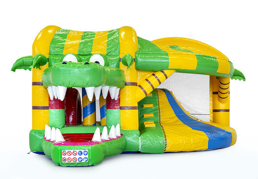 Compre castelo insuflável médio de crocodilo com escorregador para crianças. Encomende castelos insufláveis ​​online na JB Insufláveis ​​Portugal