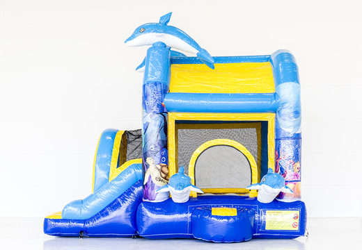 Encomende Jumpy extra divertido castelo insuflável de golfinhos no tema golfinho com um escorregador para crianças. Compre castelos ​​insufláveis ​​online na JB Insufláveis ​​Portugal