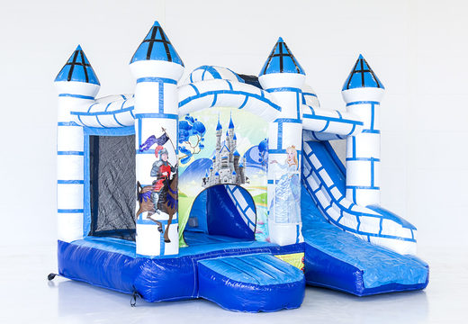 Compre um castelo insuflável azul e branco com um tema de castelo para crianças. Encomende castelos insufláveis ​​online na JB Insufláveis ​​Portugal