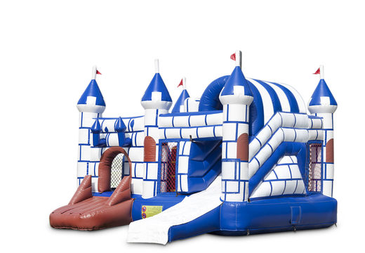 Compre castelo insuflável multijogador interno em castelo temático em azul e branco com escorregador para crianças. Encomende castelos insufláveis ​​online na JB Insufláveis ​​Portugal