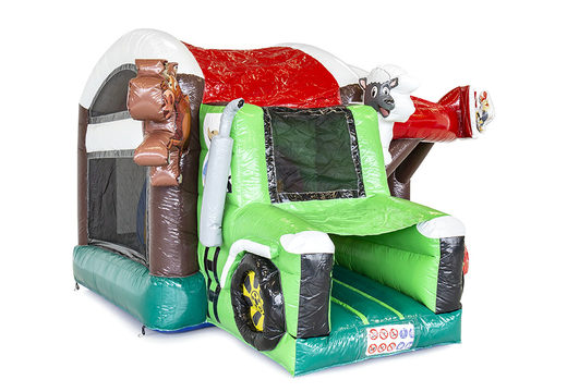 Castelo insuflável com tema de fazenda com objetos 3D dentro e um escorregador para as crianças. Compre castelos ​​insufláveis ​​online na JB Insufláveis ​​Portugal