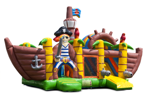 Compre um castelo insuflável multijogador interno com slide no tema de navio pirata para crianças. Encomende castelos insufláveis ​​online na JB Insufláveis ​​Portugal