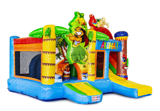 Peça um castelo insuflável tropical médio com escorregador para crianças. Compre castelos ​​insufláveis ​​online na JB Insufláveis ​​Portugal