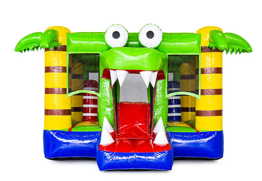 Compre um pequeno castelo insuflável multijogador com escorregador para crianças no tema crocodilo. Encomende pequenos castelos insufláveis ​​online na JB Insufláveis ​​Portugal