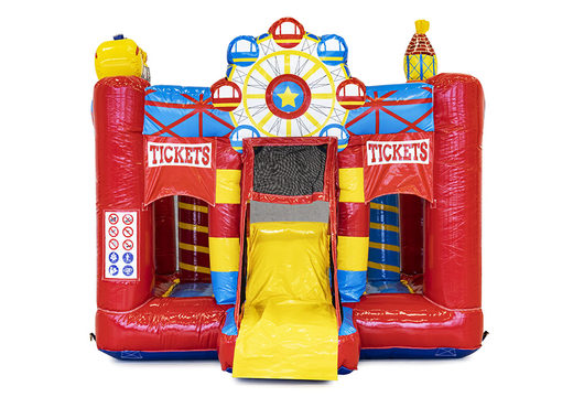 Compre um pequeno castelo insuflável com tema de circo para crianças. Encomende castelos insufláveis com escorregador na JB Insufláveis Portugal