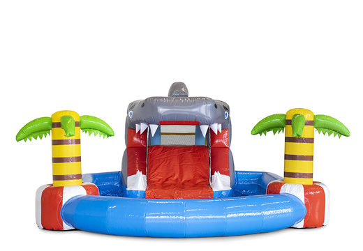 Mini castelo insuflável com tema de tubarão, toboágua e piscina, para crianças. Compre castelos insufláveis online na JB Insufláveis ​​Portugal
