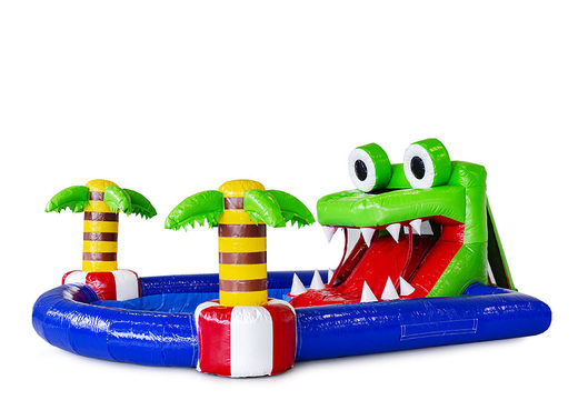Mini castelo insuflável com tema de crocodilo com toboágua e piscina, para crianças. Compre castelos insufláveis online na JB Insufláveis ​​Portugal