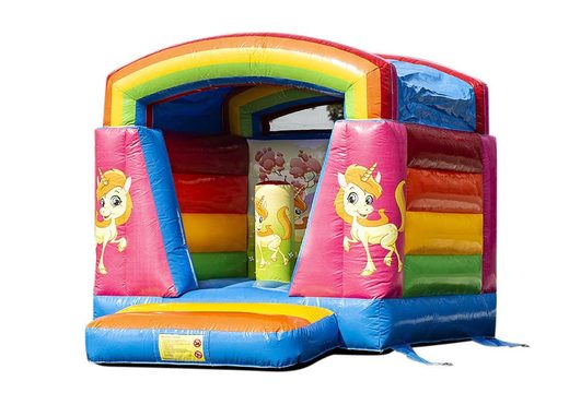 Compre um pequeno castelo insuflável no tema unicórnio do arco-íris para crianças. Castelos insufláveis ​​disponíveis na JB Insufláveis ​​Portugal online