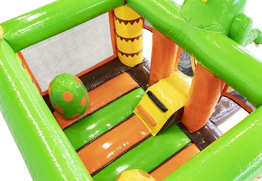 Compre um pequeno castelo insuflável com um slide no tema dinossauro para crianças. Encomende castelos insufláveis com escorregador na JB Insufláveis Portugal