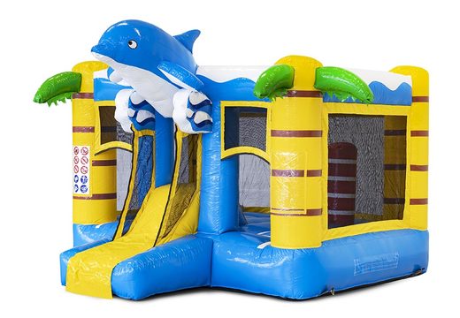Compra um pequeno castelo insuflável multijogador no tema golfinho azul com escorregador para crianças. Castelos insufláveis à venda na JB Insufláveis Portugal