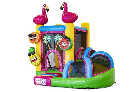 Compre um pequeno castelo insuflável multijogador interno com o tema flamingo com escorregador para crianças. Encomende castelos insufláveis ​​online na JB Insufláveis ​​Portugal